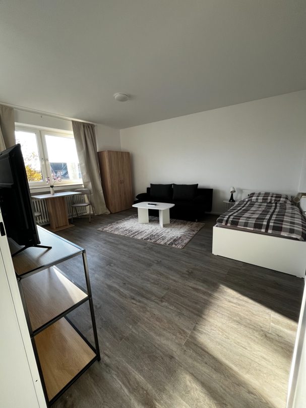 Heller Wohnraum mit Sofa, Bett, Tisch und Fernseher. Holzfußboden und große Fenster.